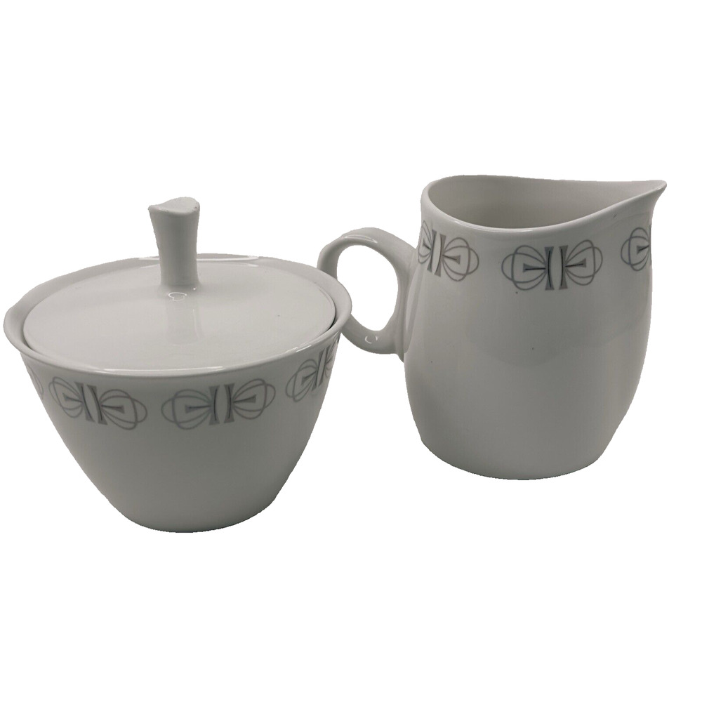 Franciscan Whitestone Ware, Merry Go Round, Creamer & Sugar Bowl w/Lid Gray/Pink